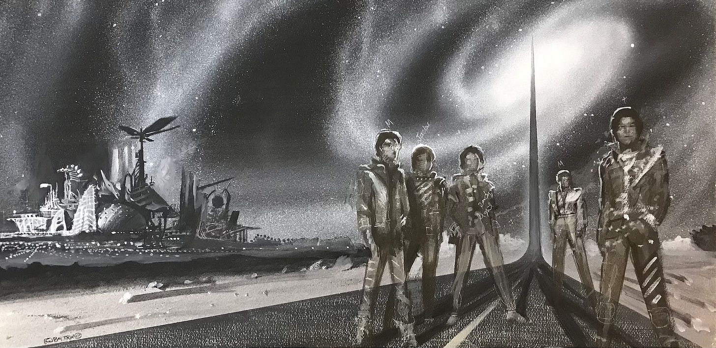 Concept 5 for VICTORY, rendered tonally and featuring five rough figures standing on a blacktop road that shoots upward at the horizon and disappears into a spiral galaxy. To the left, a futuristic city stands surrounded by a field of lights.