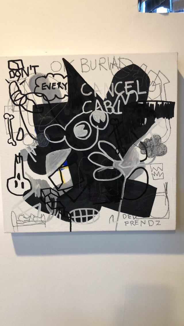 Two paintings containing doodles in layered acrylic and graphite.