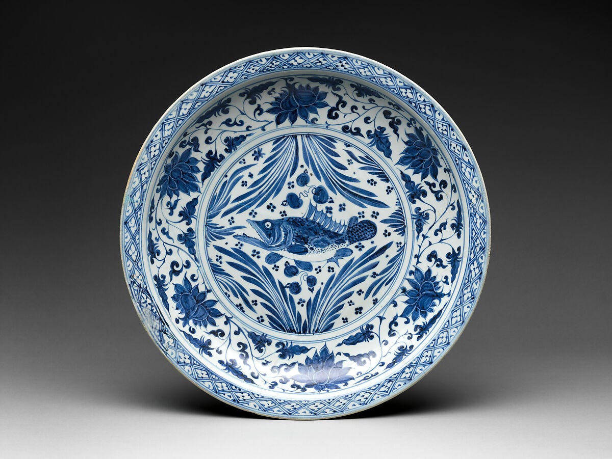 Plate with fish, Porcelain painted with cobalt blue under transparent glaze (Jingdezhen ware), China Plate with fish, Porcelain painted with cobalt blue under transparent glaze (Jingdezhen ware), China