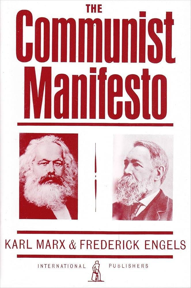May be a graphic of 2 people and text that says 'Communist THE Manifesto KARL MARX & FREDERICK ENGELS INTERNATIONAL PUBLISHERS'