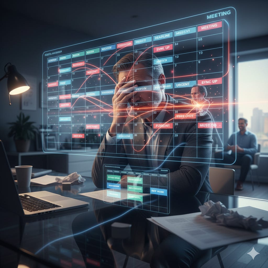 Stressed businessman at desk, head in hands, overwhelmed by a glowing digital calendar packed with meetings and deadlines. A visual of self-inflicted busyness.