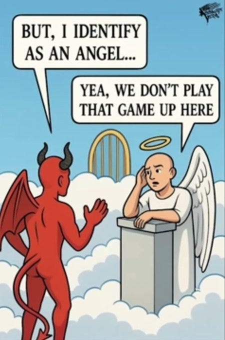 Cartoon illustration shows a red-skinned devil with horns, wings, tail, and minimal clothing standing beside a bald human-like angel with white robe and halo, positioned near white pearly gates on a pedestal against a blue sky background with clouds. The devil has one hand raised in gesture, while the angel stands with arms at sides and a thoughtful expression. Speech bubbles contain text from the dialogue between them.