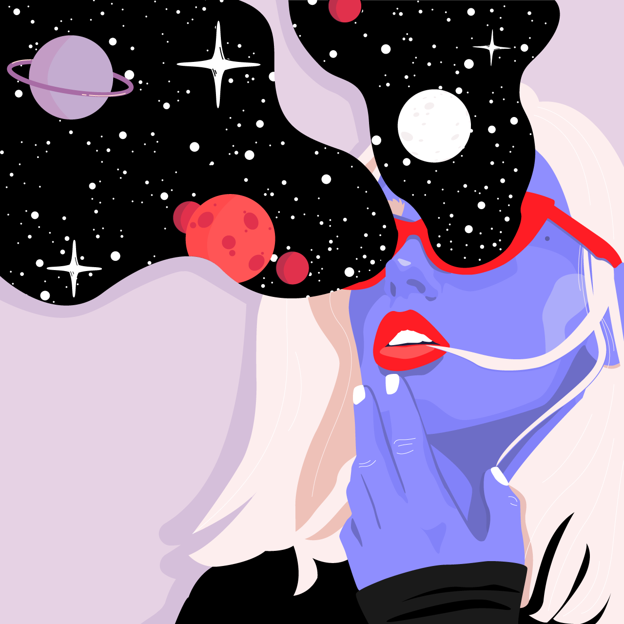 A purple femme with blonde-white, shoulder-length hair and red lipstick, looks out of her red cat-eye sunglasses and the galaxies, stars, and planets flowing out before her eyes. A purple femme with blonde-white, shoulder-length hair and red lipstick, looks out of her red cat-eye sunglasses and the galaxies, stars, and planets flowing out before her eyes.
