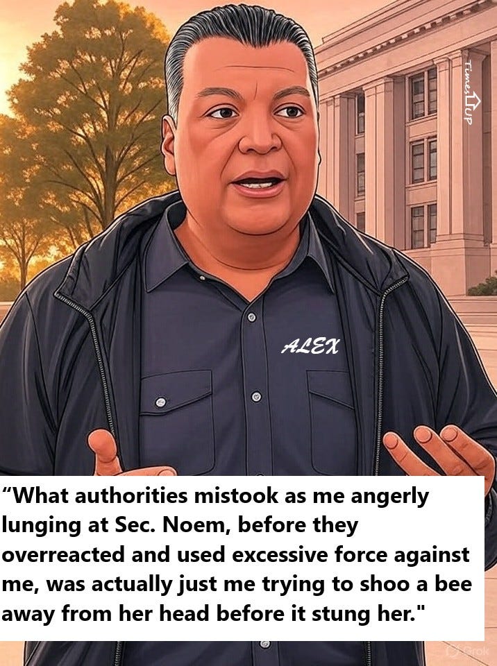 May be an image of 1 person and text that says 'Time LA TimesTTuP Times ΑΣΕΧ "What authorities mistook as me angerly lunging at Sec. Noem, before they overreacted and used excessive force against Te, was actually just me trying to shoo a bee away from her head before it stung her."' May be an image of 1 person and text that says 'Time LA TimesTTuP Times ΑΣΕΧ "What authorities mistook as me angerly lunging at Sec. Noem, before they overreacted and used excessive force against Te, was actually just me trying to shoo a bee away from her head before it stung her."'