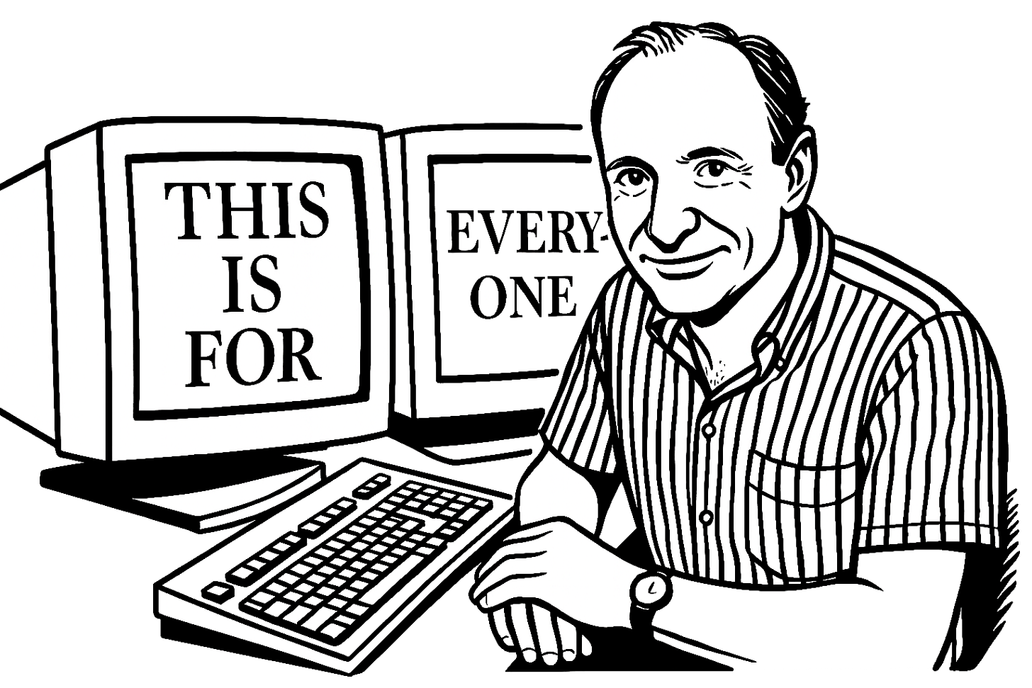 Sir Timothy John Berners-Lee v pruhované košili s krátkými rukávy sedí před CRT dvěma monitory a klávesnici. Generovaná kresba podle fotografie.