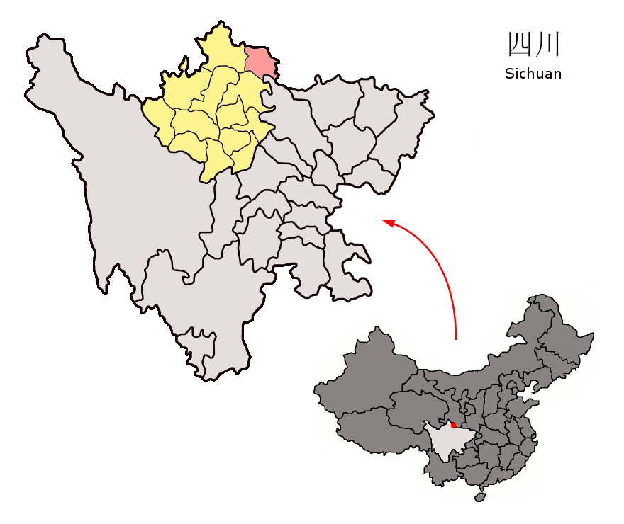 Location of Jiuzhaigou County (light red) in Ngawa (yellow) and Sichuan (light gray) Location of Jiuzhaigou County (light red) in Ngawa (yellow) and Sichuan (light gray)