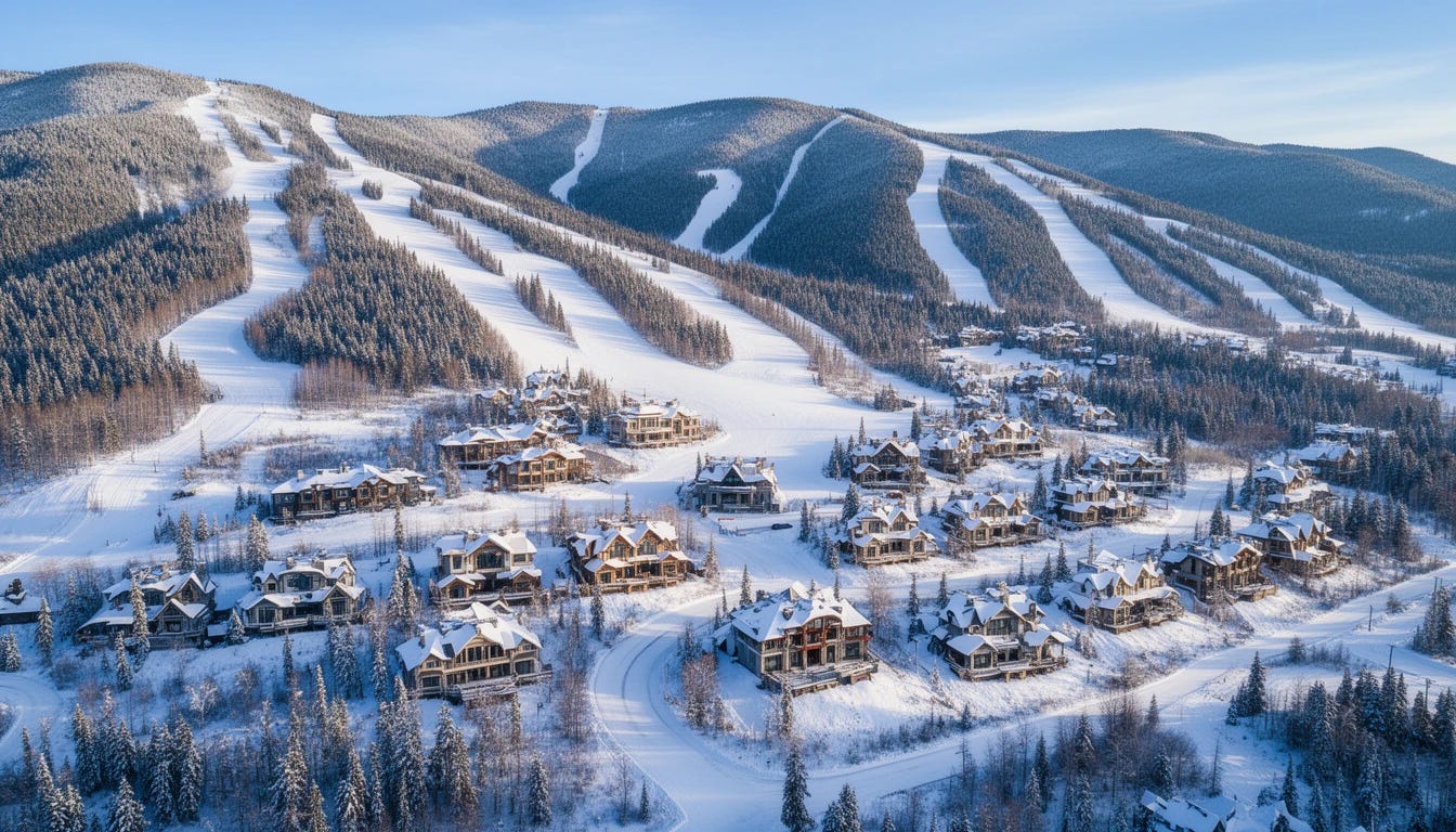 aerial view remote viewing of ski resort with slopeside neighborhoods composed of big mansions