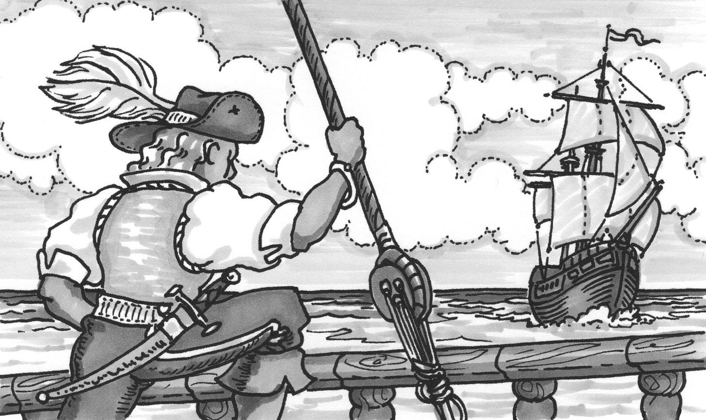 A pirate captain sees an approaching ship on the sea A pirate captain sees an approaching ship on the sea