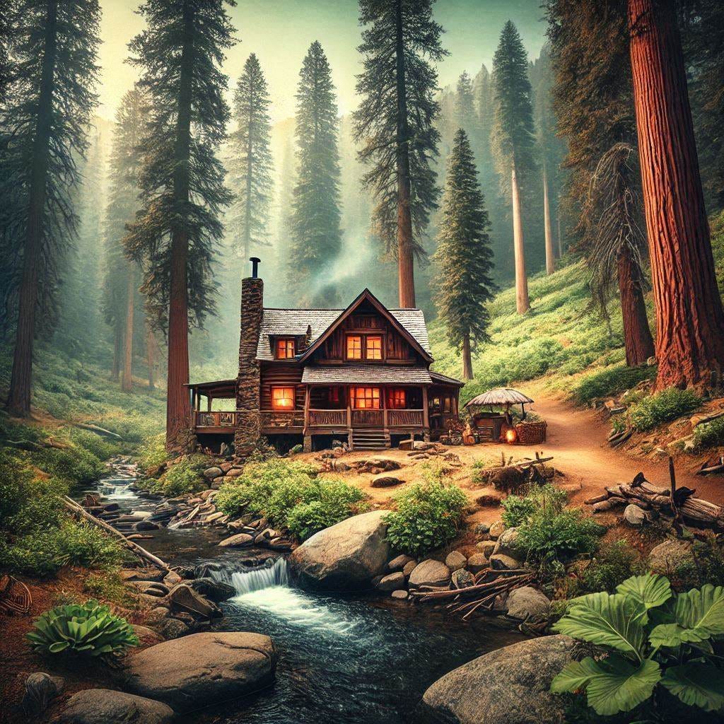 homestead in the woods in the trinity alps of california in the style of a baby that hasn't yet been born