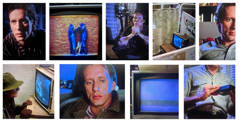 Film stills: Videodrome (1983) / blue screens and blue light bridge between life and broadcast