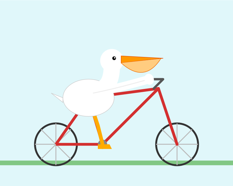 The pelican is not wearing a hat. It has a good beak. The bicycle is accurate and well-drawn.