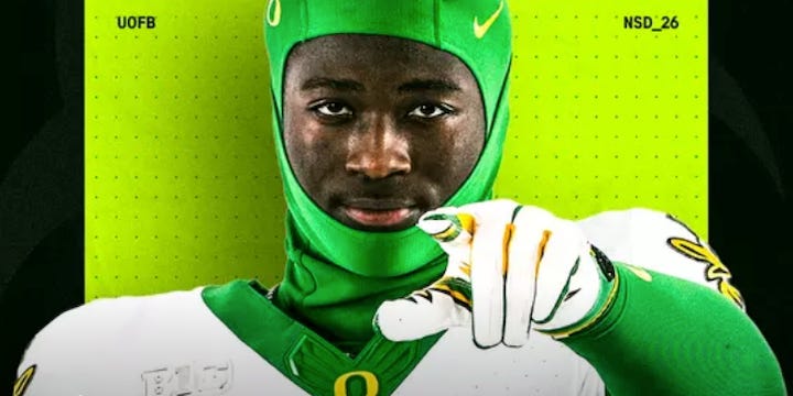 Oregon Ducks 5-star EDGE recruit Anthony "Tank" Jones Jr. poses in Oregon football gear for a National Signing Day 2026 photo, highlighting one of the top defensive signees in Dan Lanning's recruiting class. Deals on seats, fan gear and premium Oregon Football coverage from www.Ducks4.Life Oregon Ducks 5-star EDGE recruit Anthony "Tank" Jones Jr. poses in Oregon football gear for a National Signing Day 2026 photo, highlighting one of the top defensive signees in Dan Lanning's recruiting class. Deals on seats, fan gear and premium Oregon Football coverage from www.Ducks4.Life