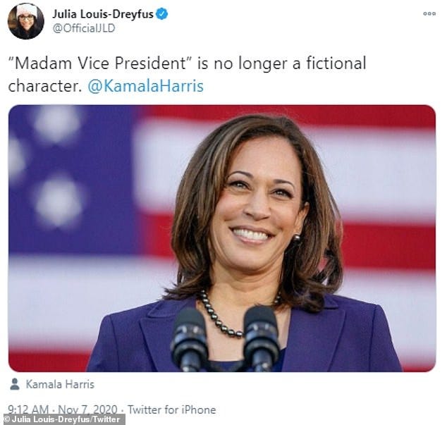 Veep alum Julia Louis-Dreyfus congratulates Vice President-elect Kamala  Harris - DUK News