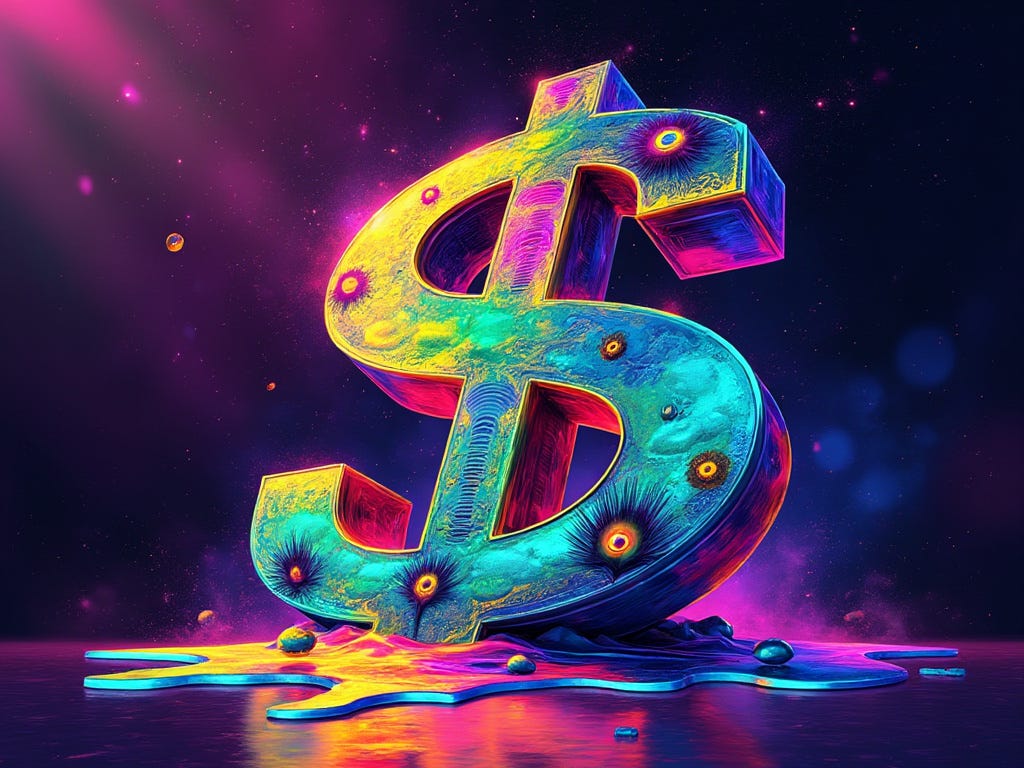 giant dollar symbol in psychedelic lighting, melting slightly in the heat of modernity, digital art style with vibrant colors and intricate patterns, incorporating elements of abstract eye art with peacock-like feathers or scales, reflecting themes of economic satire and modern cultural critique