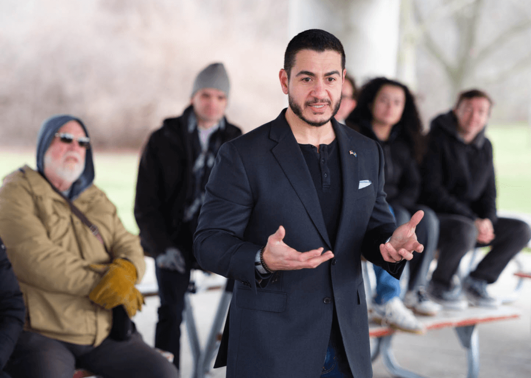 Abdul El-Sayed speaking with voters