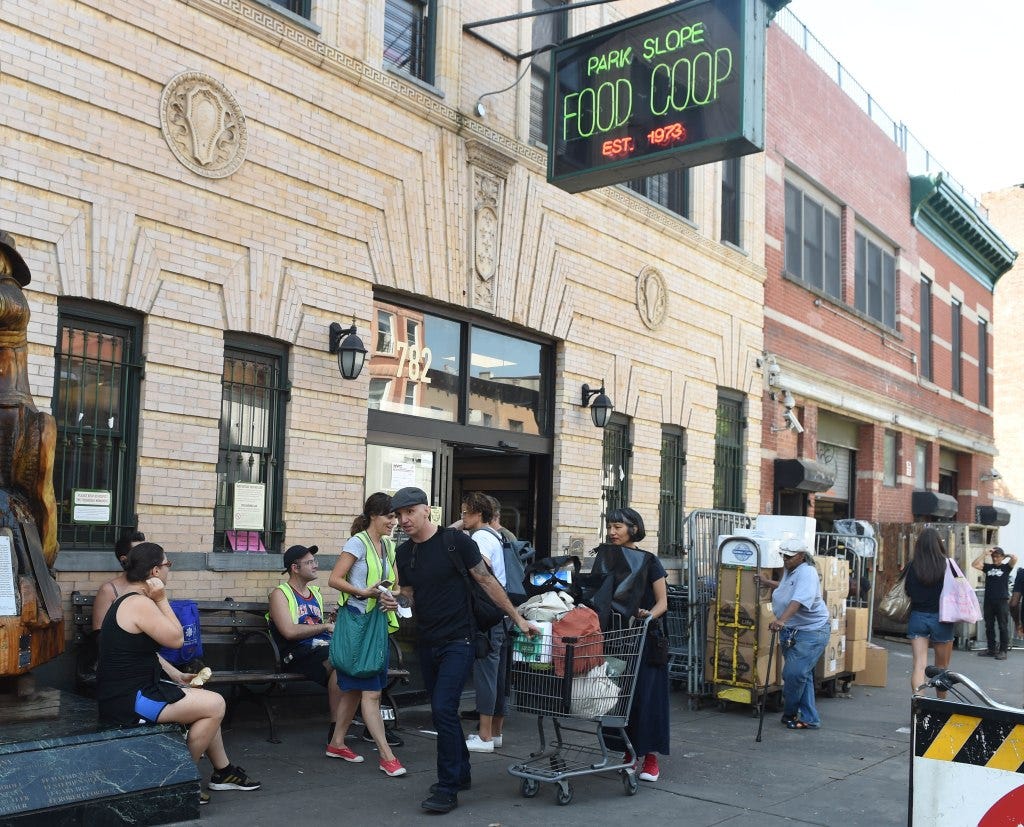 People outside the Park Slope Food Coop in Brooklyn, New York.