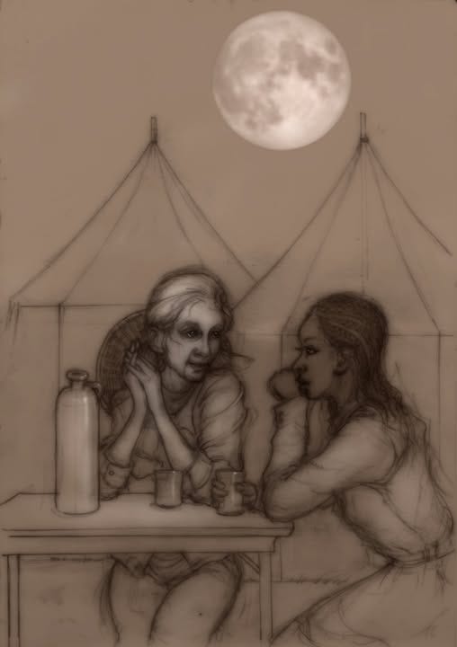 Sepiatone sketch of two women sitting at a table outdoors, with tents behind them. On the left is a silver-haired woman with light skin, with a broad-brimmed hat hanging loose on her shoulders by its strap. On the right is a dark-skinned woman with dark braids. Both women are wearing long-sleeved shirts. On the table is a bottle and two glasses. The full moon hangs, large and glowing, over the scene.