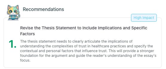 thesify High Impact recommendation card advising the writer to revise the thesis statement to include specific factors and implications for trust in healthcare.