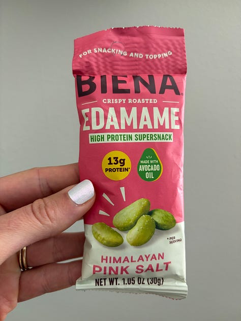 Edamame, trail bar Simple Mills, Chomps