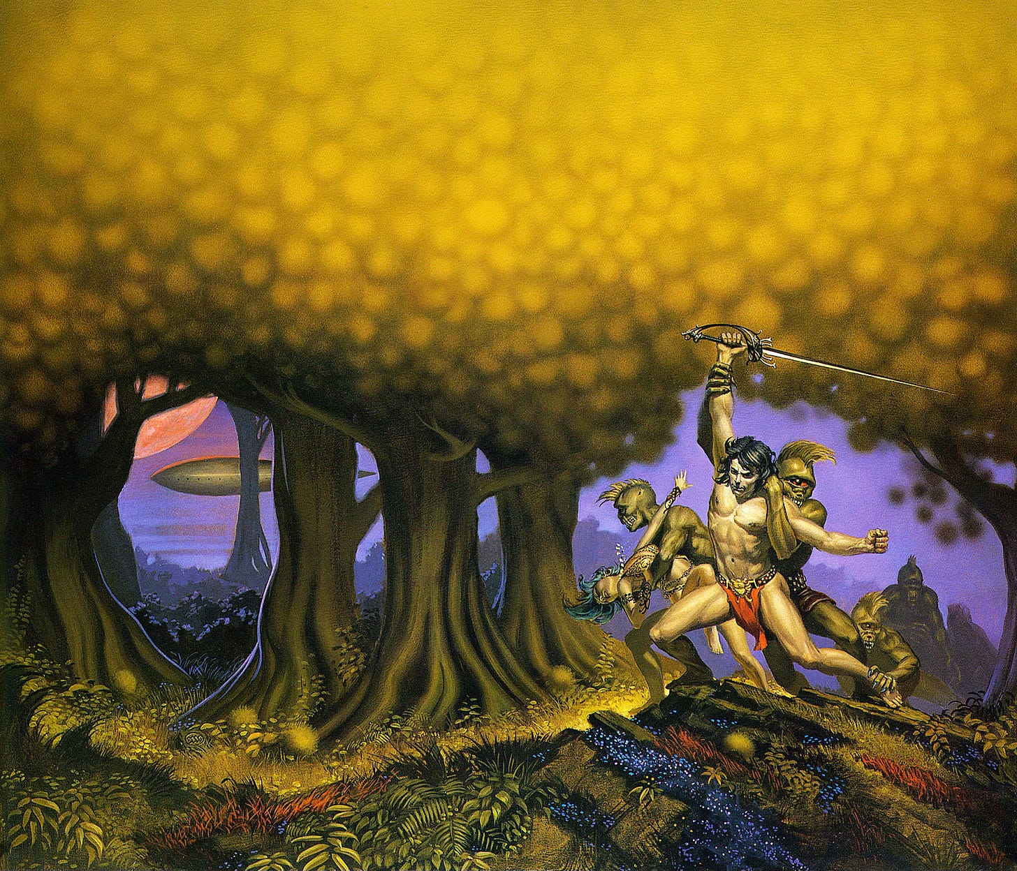 Cyclopean aliens ambush a man and woman beneath the yellow canopy of a lush Martian forest. Pronounced fangs make them look feral. From their heads sprout tufts of blonde hair resembling mohawks. Their skin is olive green, and their eyes an angry orange-red. The male warrior in red loin cloth extends his sword arm upward, but his wrist is seized from behind and his other arm is locked in a Half Nelson. He throws his leg back in a wide stance, but another cyclops grabs his ankle. The blue-green haired woman with him is seized by another. As she falls back, her necklace flies upward with motion. Cyclopean aliens ambush a man and woman beneath the yellow canopy of a lush Martian forest. Pronounced fangs make them look feral. From their heads sprout tufts of blonde hair resembling mohawks. Their skin is olive green, and their eyes an angry orange-red. The male warrior in red loin cloth extends his sword arm upward, but his wrist is seized from behind and his other arm is locked in a Half Nelson. He throws his leg back in a wide stance, but another cyclops grabs his ankle. The blue-green haired woman with him is seized by another. As she falls back, her necklace flies upward with motion.