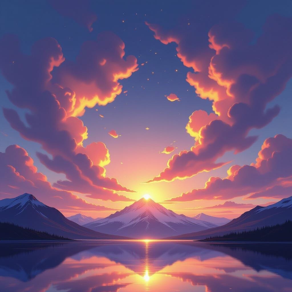 Ethereal, glowing clouds at sunrise forming a complex, interconnected network across the sky. Below, a serene landscape … Ethereal, glowing clouds at sunrise forming a complex, interconnected network across the sky. Below, a serene landscape …