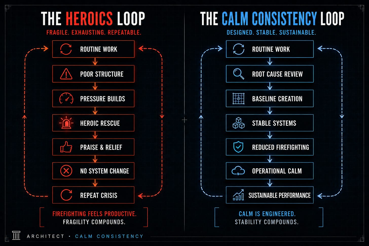 Dark editorial framework graphic comparing two organisational operating patterns side-by-side. On the left, “The Heroics Loop” shows a reactive cycle: Routine Work → Poor Structure → Pressure Builds → Heroic Rescue → Praise & Relief → No System Change → Repeat Crisis. The design uses red accents, unstable arrows, and tense visual rhythm to represent operational fragility. On the right, “The Calm Consistency Loop” shows a stable systems cycle: Routine Work → Root Cause Review → Baseline Creation → Stable Systems → Reduced Firefighting → Operational Calm → Sustainable Performance. The right side uses cool blue architectural styling and clean geometric flow to represent engineered stability and sustainable execution.