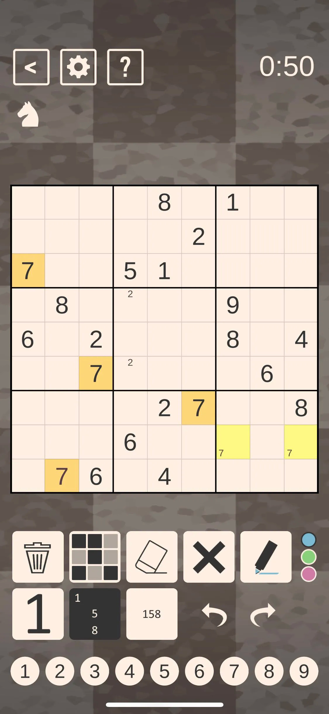 An example of highlighting with Chess Sudoku The 7 is highlighted. Squares with 7s are orange and squares with the 7 noted are yellow.