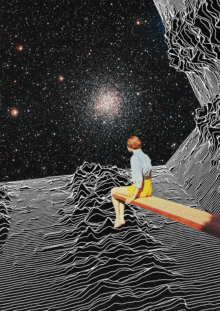 A figure sits on the edge of a diving board dressed in yellow pants and a light blue shirt. All around them are tightly packed black and white lines that rise light a mountain range and in the distance is the starry universe A figure sits on the edge of a diving board dressed in yellow pants and a light blue shirt. All around them are tightly packed black and white lines that rise light a mountain range and in the distance is the starry universe