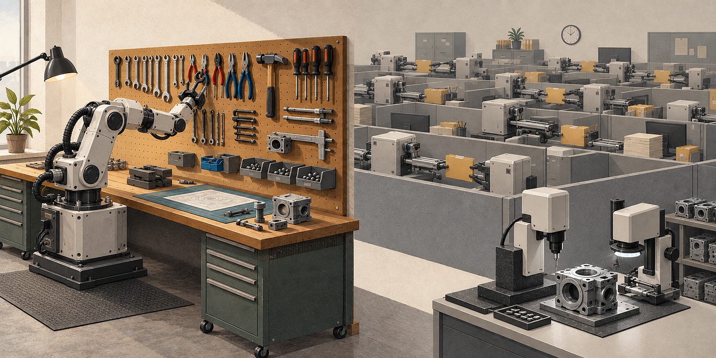 A machine chooses tools at a workbench while identical machines pass a folder through a miniature office and two specialists inspect a component.