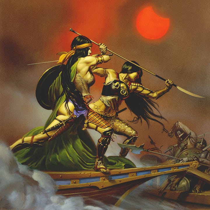 LEFT: Detail from AMAZONS 2 featuring two dark haired Amazon warriors poised to attack on the bow of a boat. One grips a spear overhead to stab downward. The other wields sword and shield captured in the moment of backswing. As they ram the other ship the armored men aboard are jarred back by the impact. RIGHT: Pencil study for AMAZONS 2 featuring two Amazon warriors in the pose of the final painting.