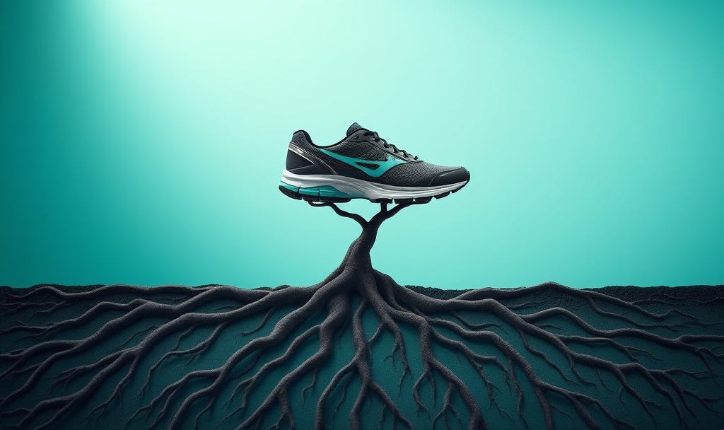 Single running shoe with tree-like roots growing downward, against teal to blue gradient background, symbolizing running as the foundation for life lessons and personal growth
