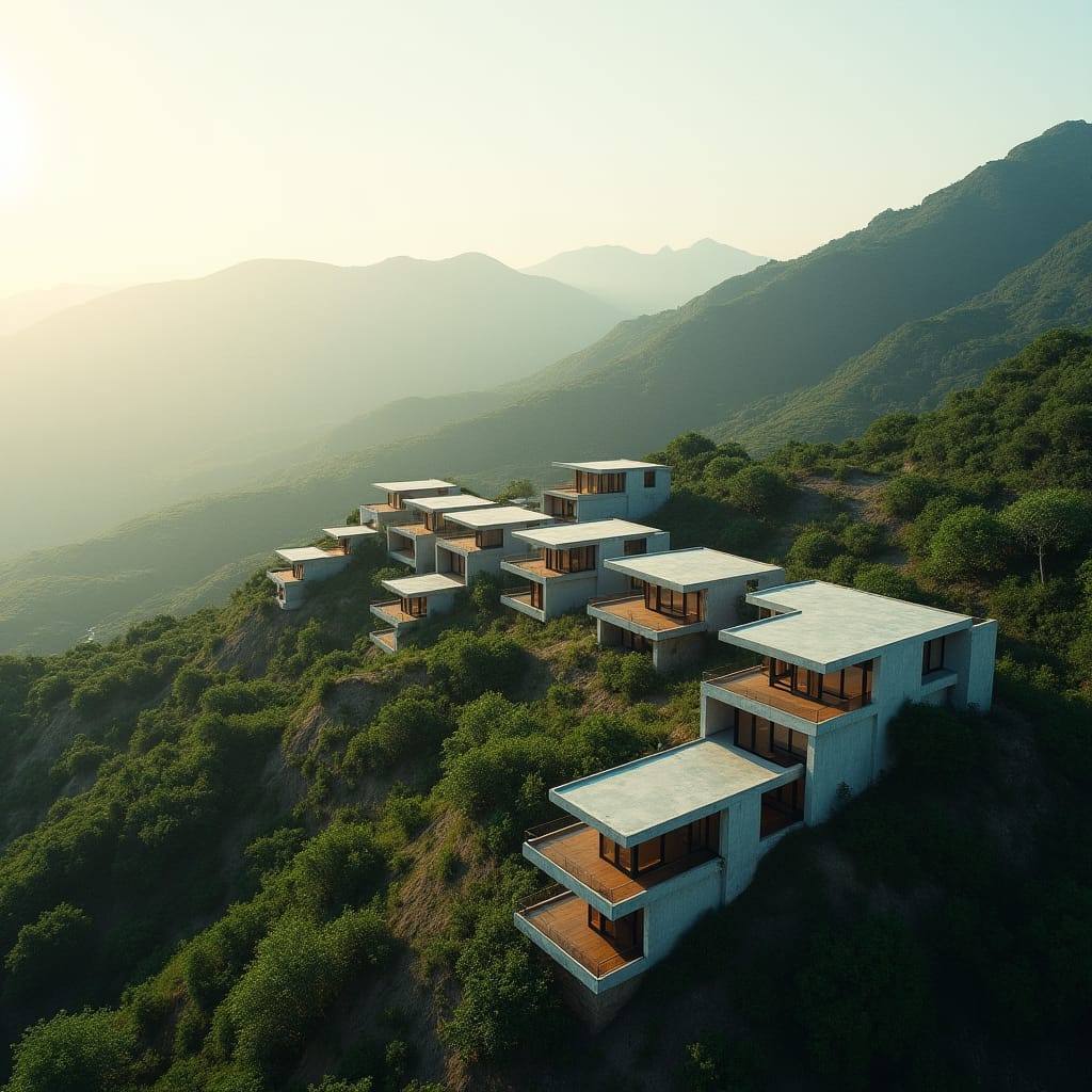 Ten modern, individual, two-bedroom, two-story concrete and glass homes, dispersed across a lush Jamaican countryside hill, surrounded by breathtaking mountain vistas, in an L-shaped configuration, set against the picturesque backdrop of Gibraltar, Jamaica. Each unit's sleek, minimalist design blends seamlessly into the natural landscape, evoking a sense of serenity and sophistication.