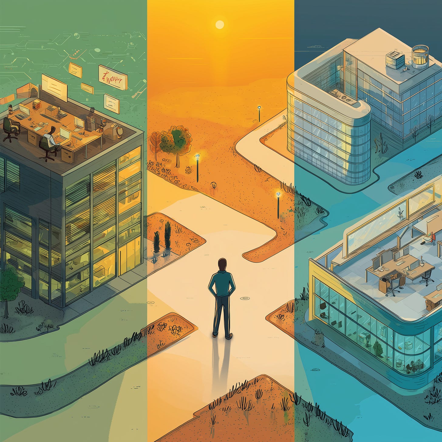 Um engenheiro avaliando diferentes tamanhos de empresas como próxima etapa na carreira. Um engenheiro avaliando diferentes tamanhos de empresas como próxima etapa na carreira.