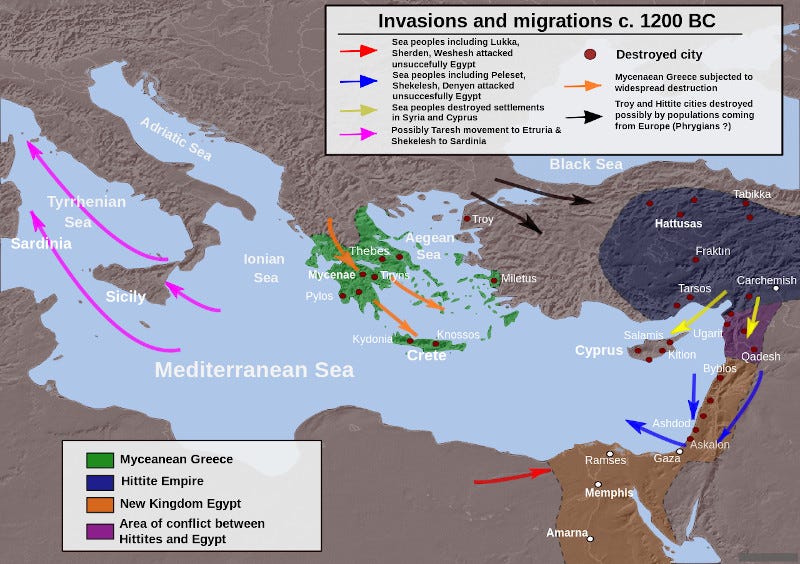 A map of the end of the Late Bronze Age showcasing the world powers and migrations of the Sea Peoples. A map of the end of the Late Bronze Age showcasing the world powers and migrations of the Sea Peoples.