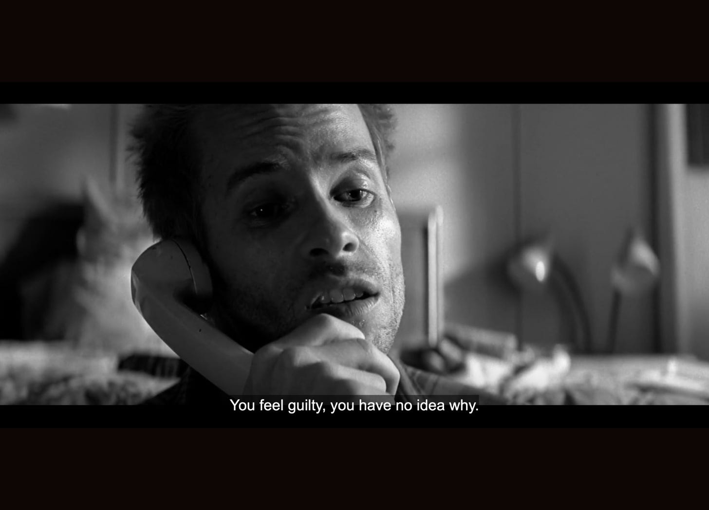 Leonard talking on the phone: "You feel guilty, you have no idea why."