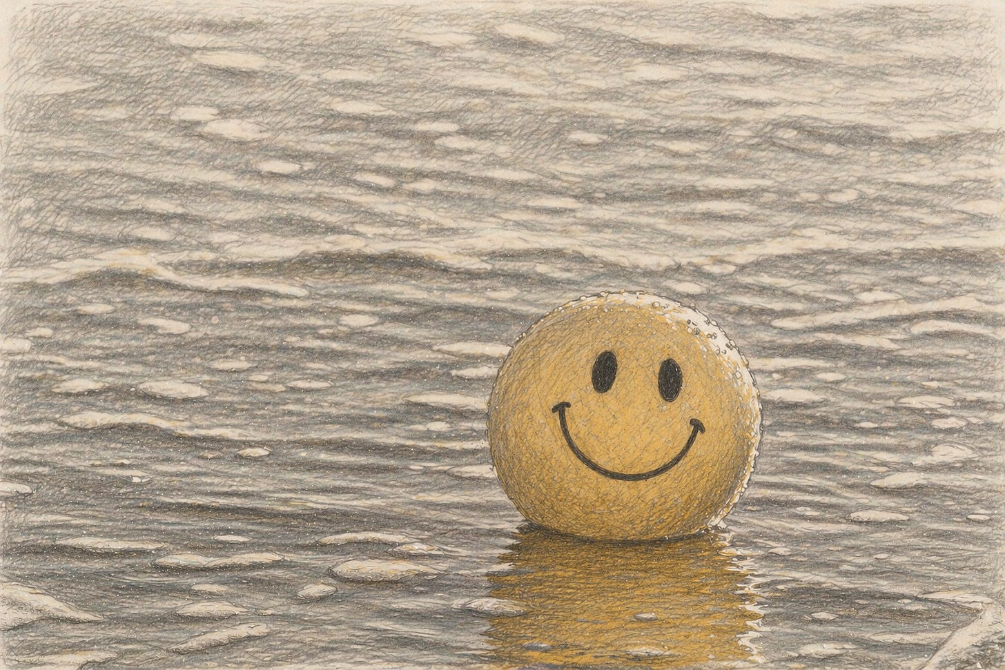 Alt text: Pencil-style sketch of a smiley face ball floating at the edge of the ocean, rendered mostly in grayscale with a warm lantern-gold hue highlighting the ball and its reflection, while gentle waves ripple around it.