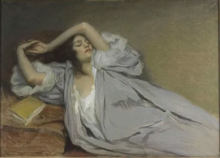 A languid victorian woman is supine on the sofa