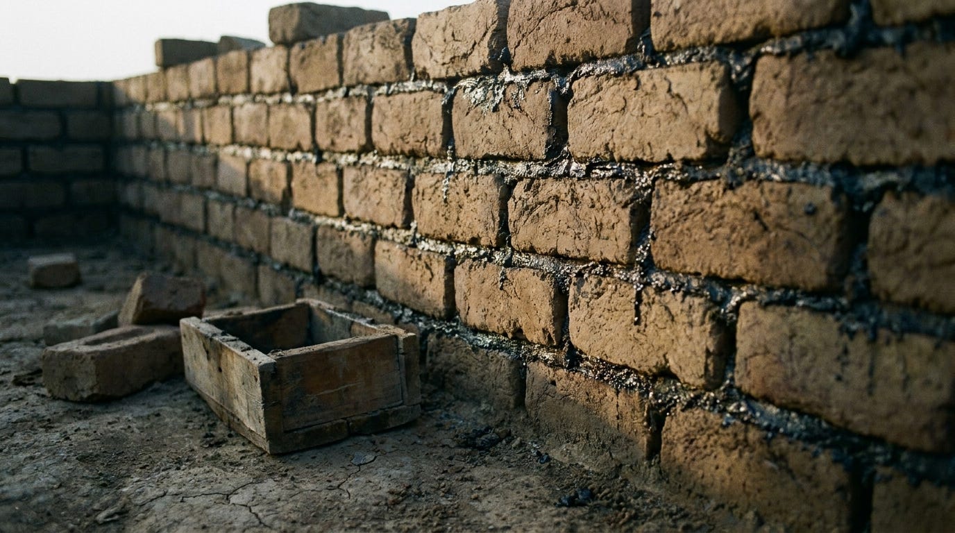 A close view of ancient sun-baked mud bricks and dark tar mortar stacked in a rising wall, cracked and weathered, cool dawn light, no people, no faces, no text