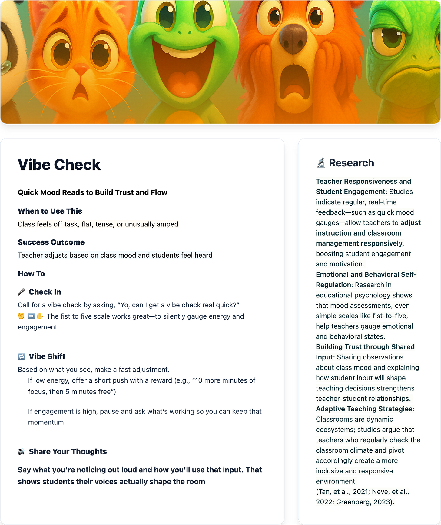 A strategy card titled “Vibe Check: Quick Mood Reads to Build Trust and Flow” showing how teachers can use quick mood checks like fist-to-five to adjust instruction, improve classroom climate, and support student engagement. A strategy card titled “Vibe Check: Quick Mood Reads to Build Trust and Flow” showing how teachers can use quick mood checks like fist-to-five to adjust instruction, improve classroom climate, and support student engagement.