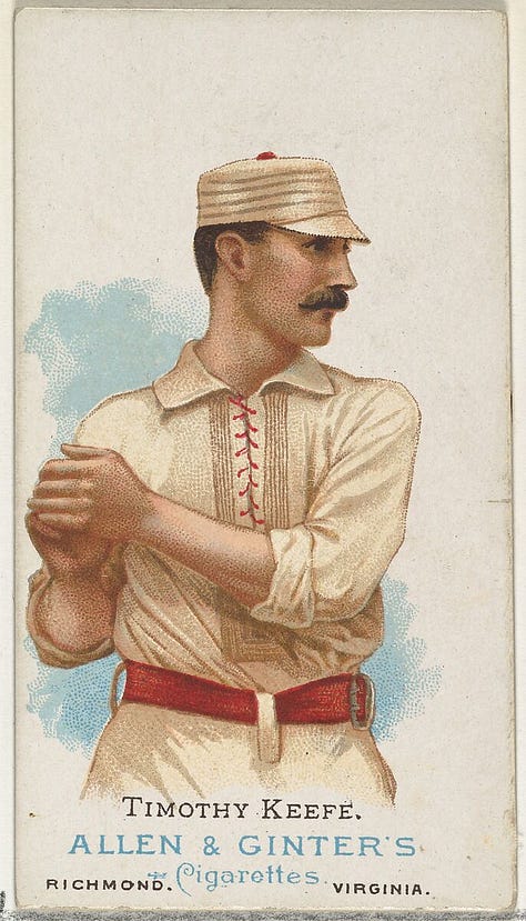 Original Allen & Ginter cards of Mike "King" Kelly and Timothy Keefe alongside the Dick Perez painting of Hank Aaron used for his Perez-Steele Hall of Fame Postcard