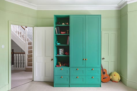 upholstered bench seating, shoe storage, peg wall, carpet, wardrobe, painted furniture, wallpaper
