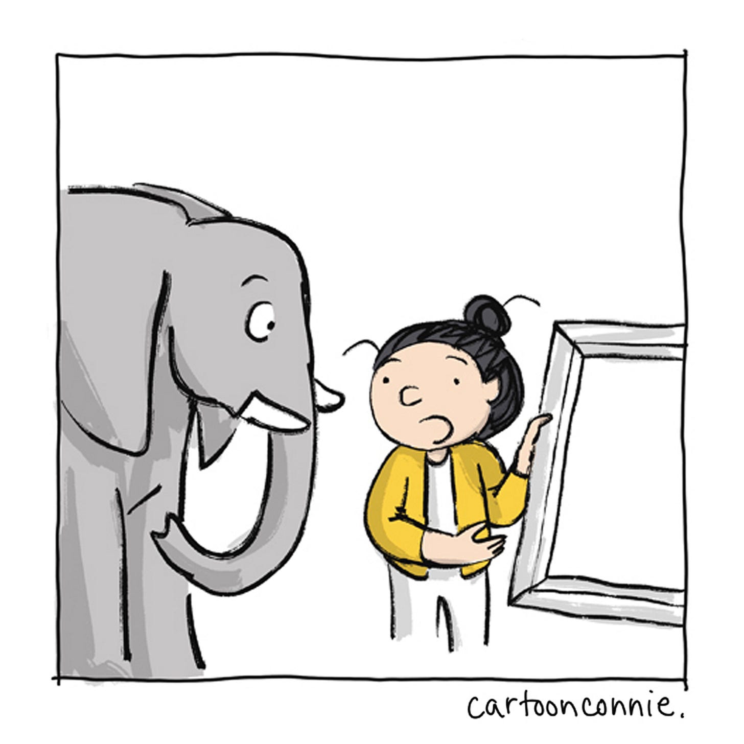 Panel 4 of 12 of a 2-page wordless illustrated comic, titled "Art Can Be A Good Companion," 2026, original artwork by Connie Sun, cartoonconnie. Panel 4 of 12 of a 2-page wordless illustrated comic, titled "Art Can Be A Good Companion," 2026, original artwork by Connie Sun, cartoonconnie.