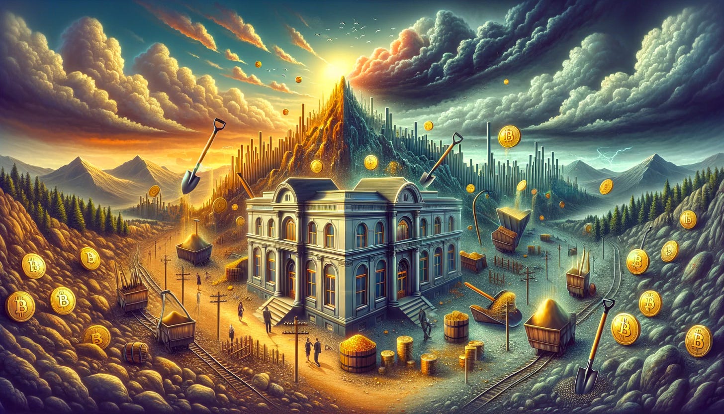 A carefully crafted metaphorical scene that vividly represents two brokerages as essential tools in the cryptocurrency market, akin to 'picks and shovels' during a gold rush, focusing purely on their ability to gain from trading volumes in any market condition. This iteration features two architecturally elegant, vintage-style brokerage buildings entirely free of any words, signs, or text, emphasizing their role through visual symbolism related to mining tools. The backdrop showcases a landscape of crypto market volatility with icons of cryptocurrencies showing both gains and losses. The contrasting elements of stormy and sunny skies depict the unpredictability of the crypto market while reinforcing the idea that the brokerages remain stable and profitable. The wide format of the image is designed to concentrate on the symbolic resilience and potential of the brokerages amidst market dynamics, without any distractions.