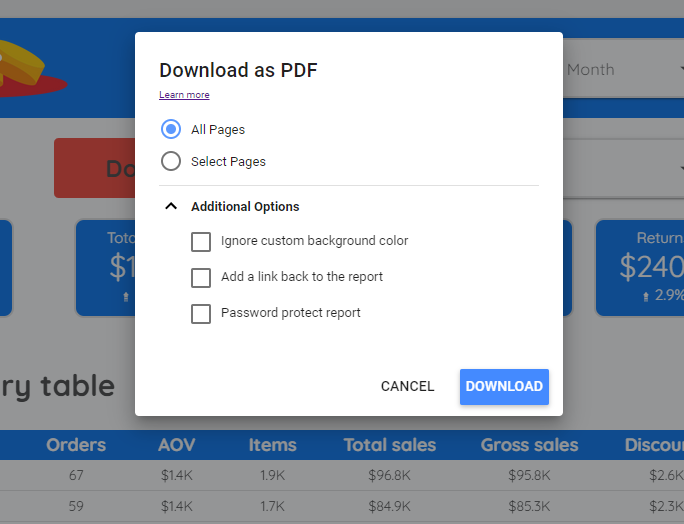 looker studio download button popup