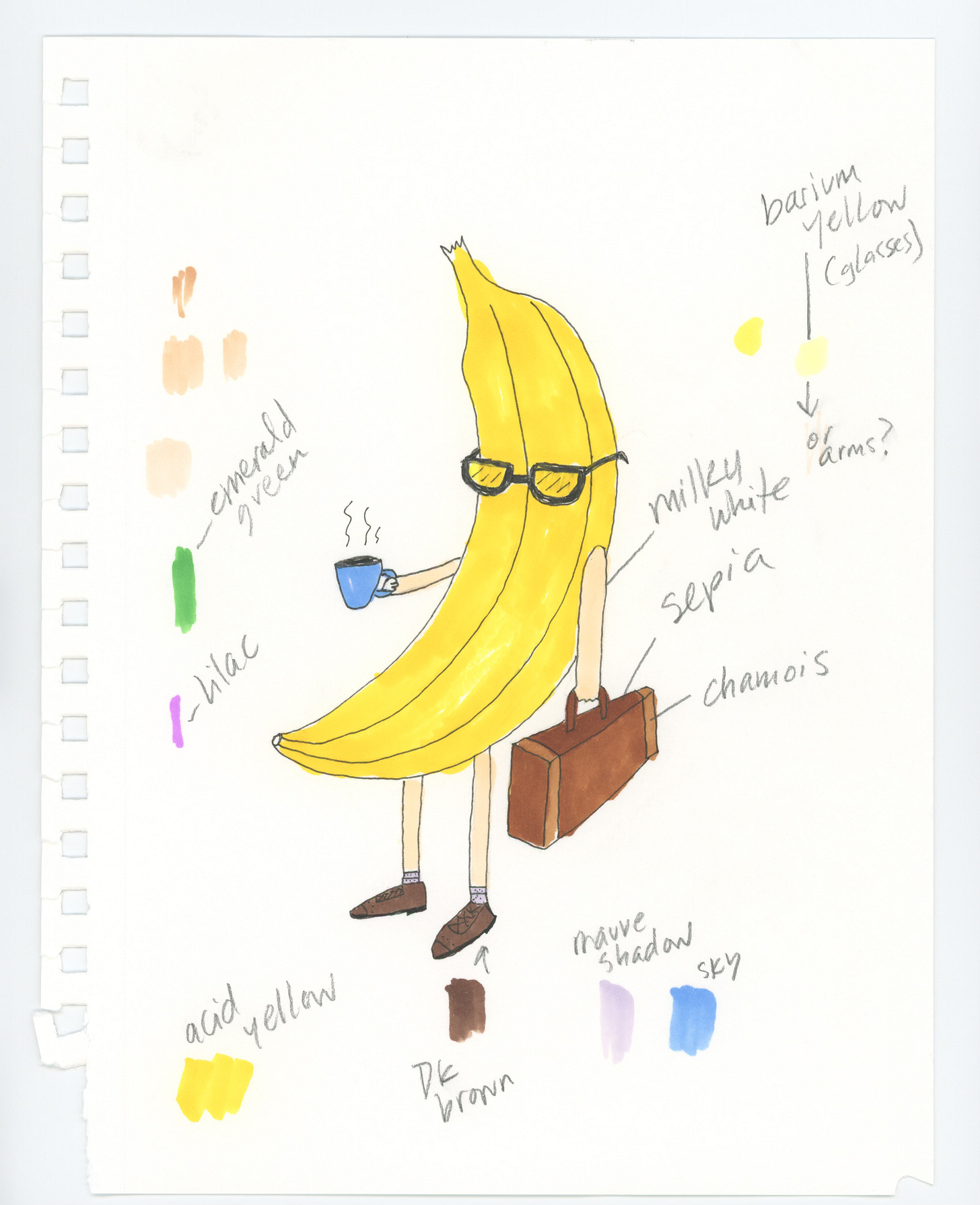 an illustration of an anthropomorphic banana holding a briefcase in one hand and a coffee in the other. they are wearing glasses and dress shoes. the page is full of labeled color swatches.