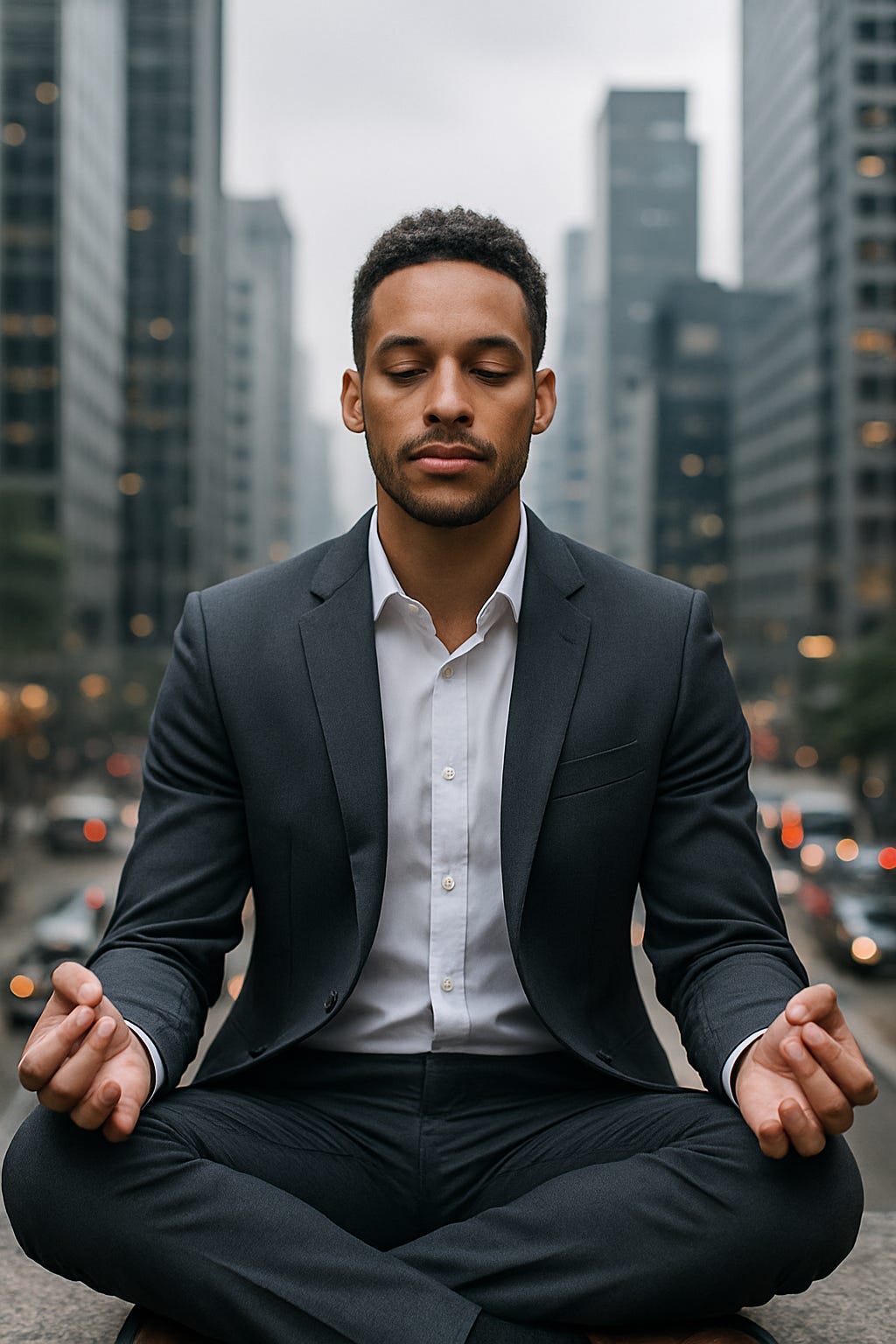 A young man in a modern suit meditates calmly in the middle of a bustling city street, symbolizing serenity amid chaos. A young man in a modern suit meditates calmly in the middle of a bustling city street, symbolizing serenity amid chaos.