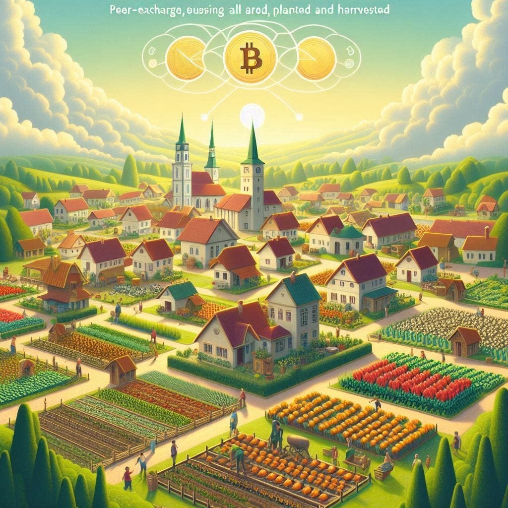 A town or village where all food is grown locally from seeds saved, planted and harvested. Value-exchange exists peer-to-peer using Bitcoin with no hierarchical structure but instead using fractal sortition for governance.