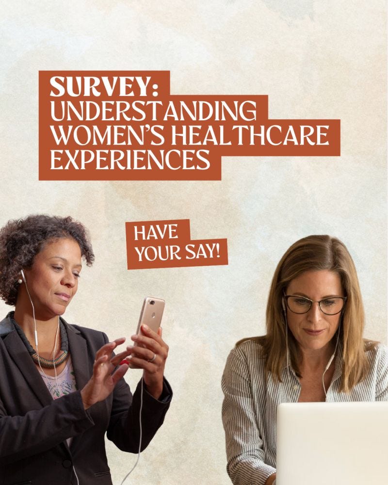 Promotional poster for Hormonally survey on women's healthcare experiences showing two pictures of women