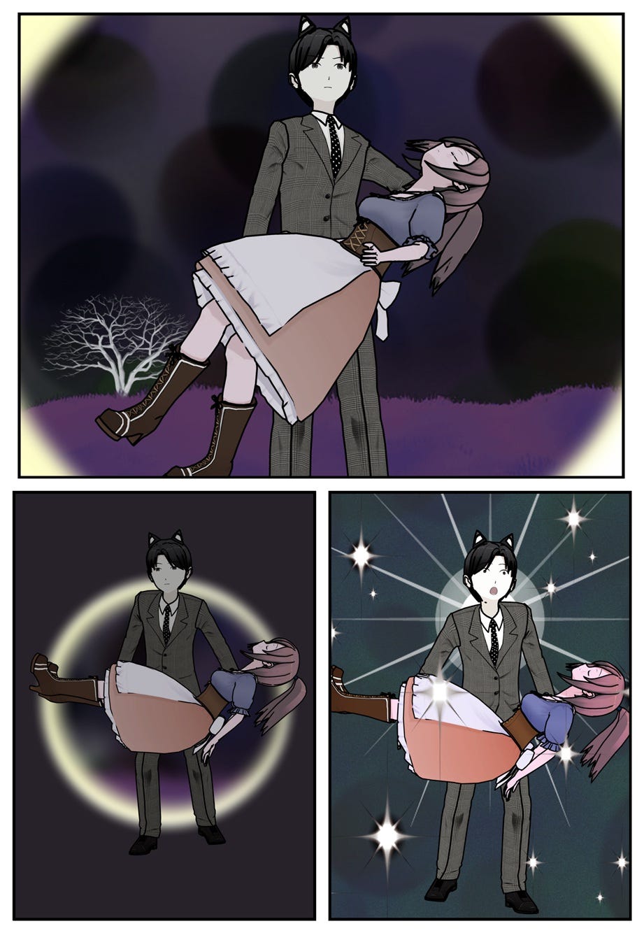 Carrying the unconscious Vana, Ace steps into the portal, surprised at what he sees.