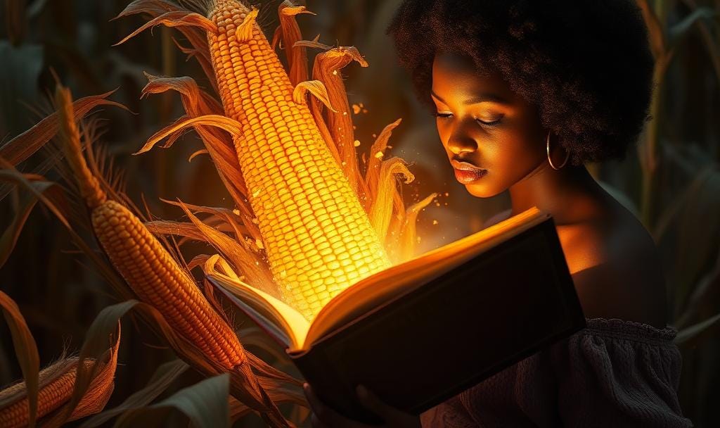 AI-generated image of a Black woman reading a book that has corn growing out of it.